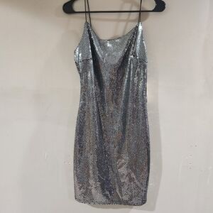 NWT Iris Mini Sequin Metallic Dress Black Silver Sz L